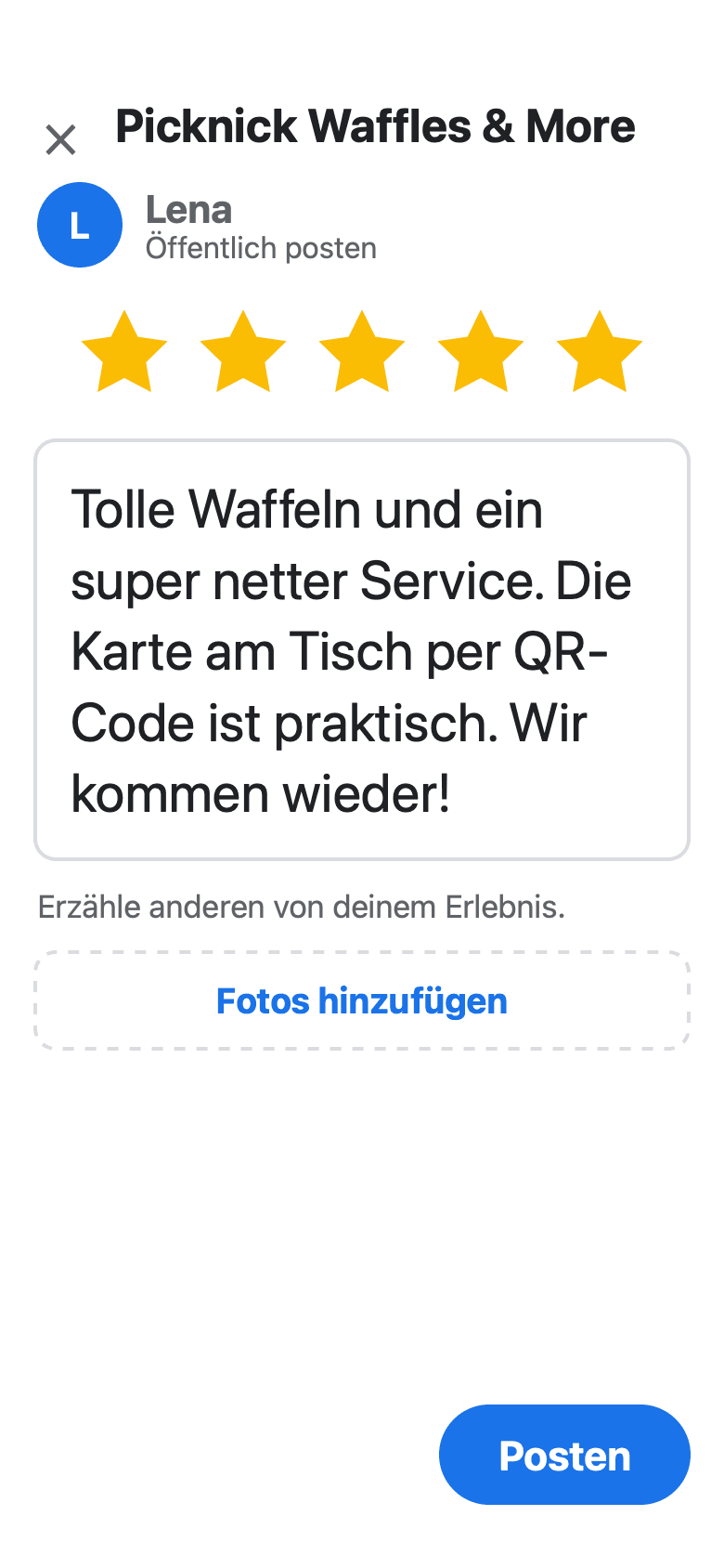 Das Google-Bewertungsformular auf dem Handy mit fünf Sternen, ein Beispiel