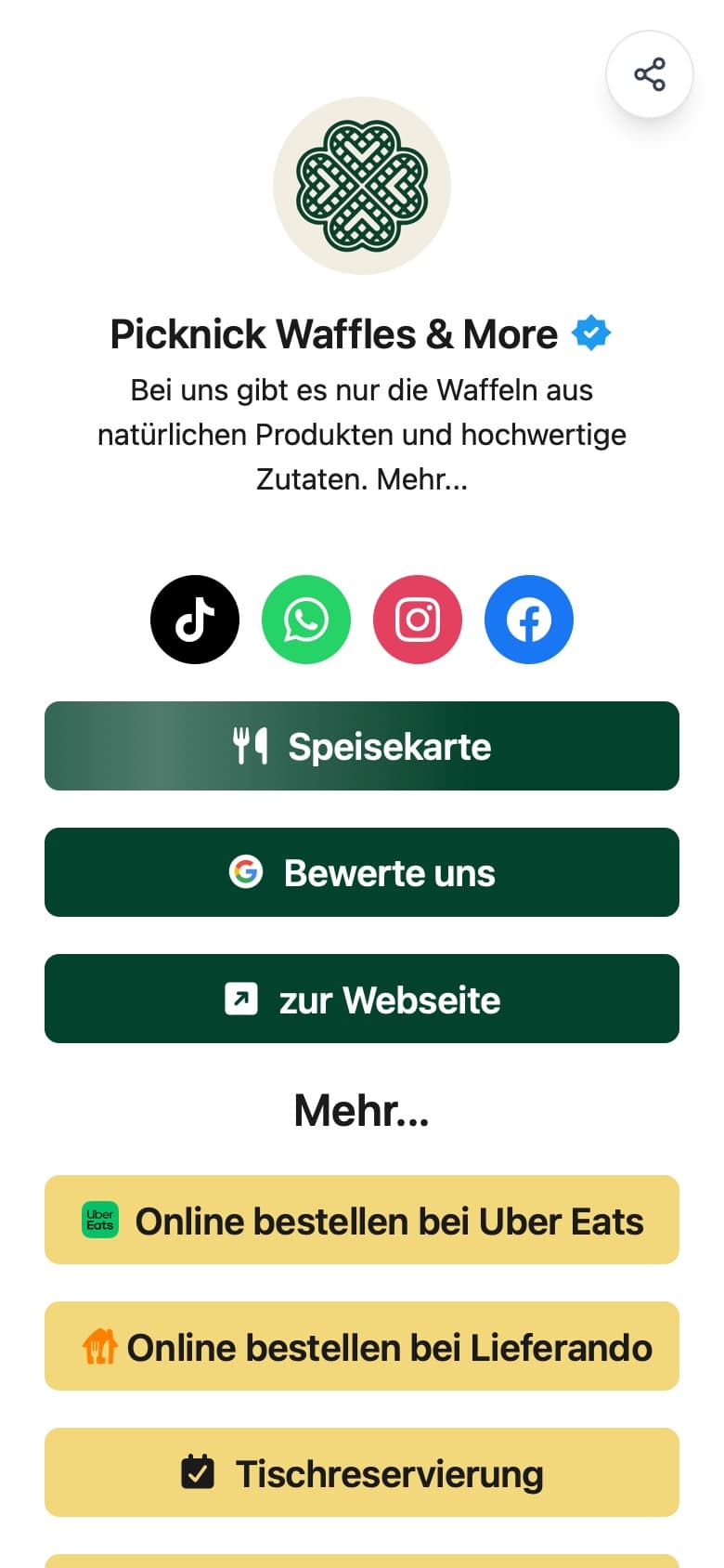 Die Mini-Website von Picknick Waffles and More auf dem Handy