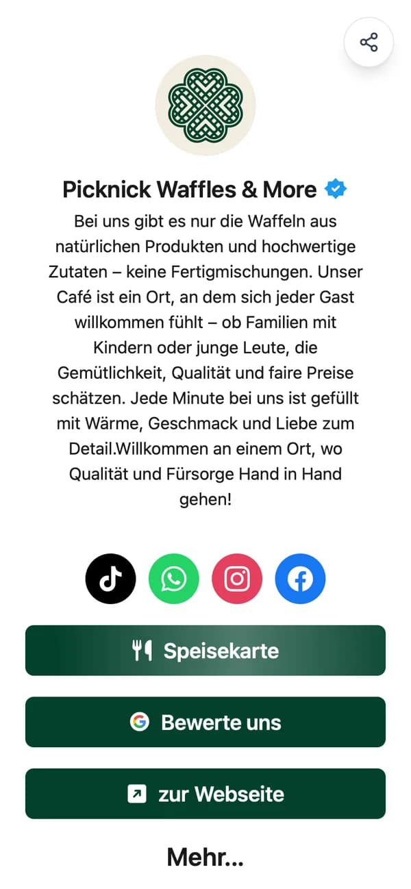 Die Mini-Website von Picknick Waffles and More auf dem Handy