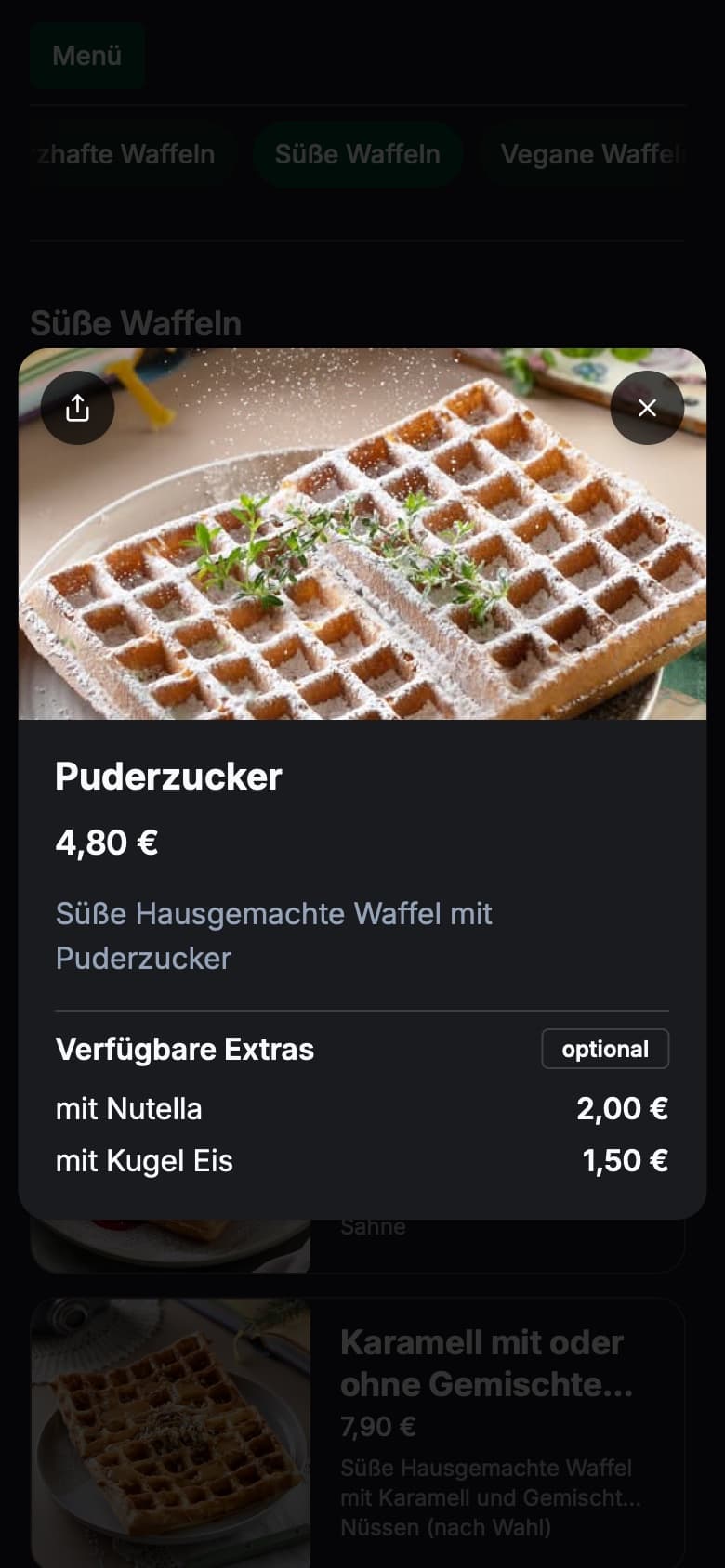 Ein Gericht auf der Karte von Picknick: Waffel mit Puderzucker, 4,80 Euro, Beschreibung und Extras