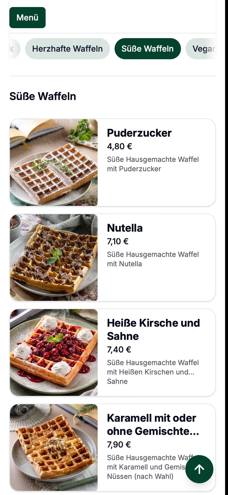 Die Speisekarte von Picknick auf dem Handy: süße Waffeln mit Fotos und Preisen