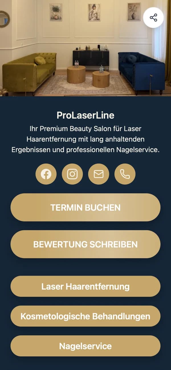 Die Mini-Website von Prolaserline auf dem Handy: Logo, Leistungen, Buttons zu Termin, Anruf und Instagram